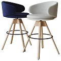 Modern Bar Stools Featuring Blue And White Upholstered Seats Wooden Legs And Black Metal Footrests