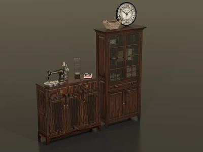 Vintage Wooden Furniture Set Featuring Sewing Machine Cabinet And Glass Door Display Cabinet 3d model