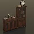 Vintage Wooden Furniture Set Featuring Sewing Machine Cabinet And Glass Door Display Cabinet