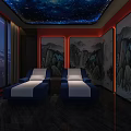Serene SPA Sauna Interior With Massage Bed Natural Green Backdrop Circular Lighting And City View