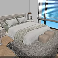 Double Bed Bedroom Interior With Bedspread Pillows Nightstand Lamp Blinds And Sunlight