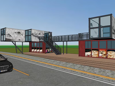 Two Story Container Building With Glass Windows Staircase And Roadside Commercial Display Posters 3d model