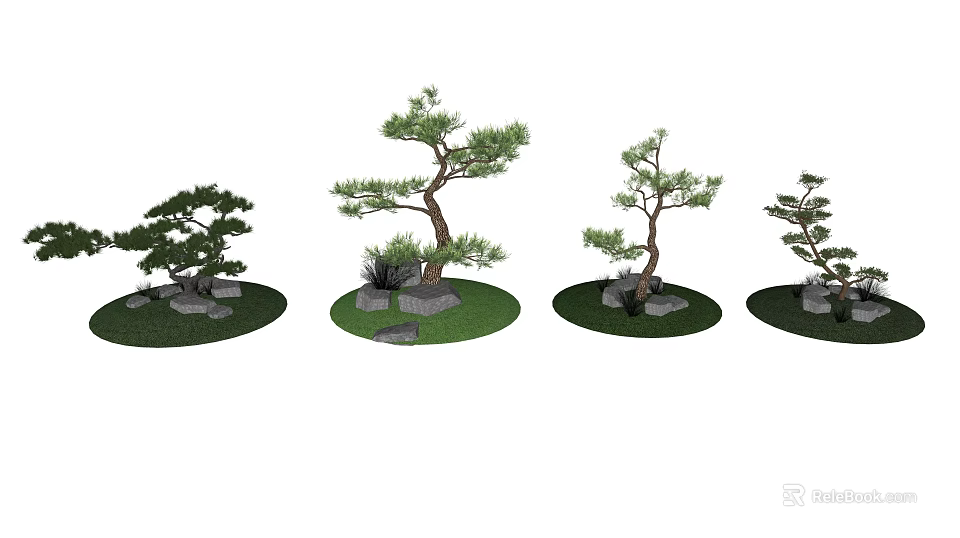 Various Forms Of Bonsai Arbor Trees With Decorative Stones And Green Grass 3d model 