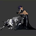 Sci Fi Game Character With Purple Hair Green Accents Cloak Mechanical Companion And Weapon