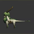 Fantasy Creature Character With Green Fur White Body Yellow Horns And Decorative Tail