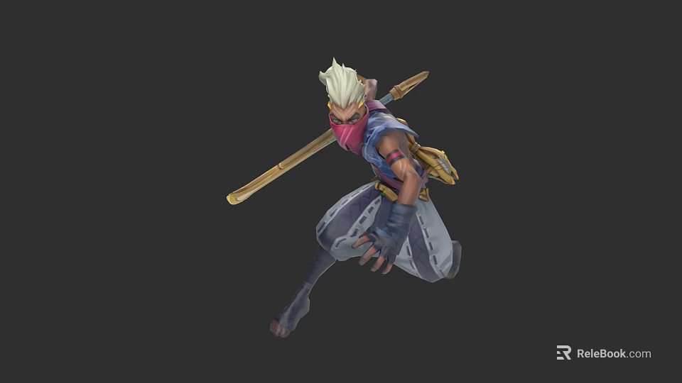 Dynamic Game Movie Character With Spiky Blond Hair Pink Scarf And Long Staff 3d model 