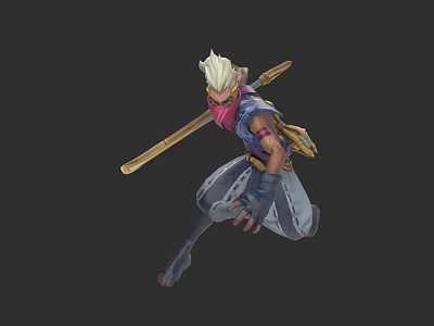 Dynamic Game Movie Character With Spiky Blond Hair Pink Scarf And Long Staff 3d model