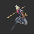 Dynamic Game Movie Character With Spiky Blond Hair Pink Scarf And Long Staff