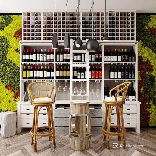 Modern White Wine Cabinet With Bottles Rattan Chairs And Green Plant Wall Background 3d model 