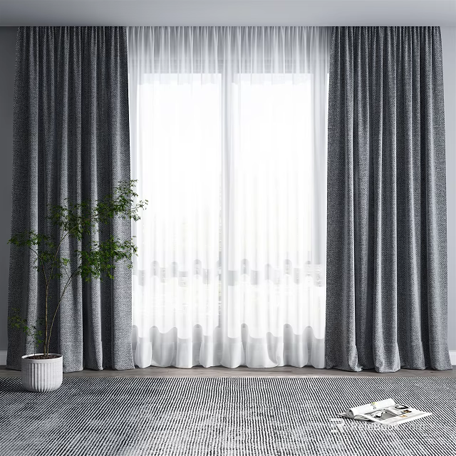 Modern Gray Curtains With White Sheer Panels And Potted Plant By Window 3d model 