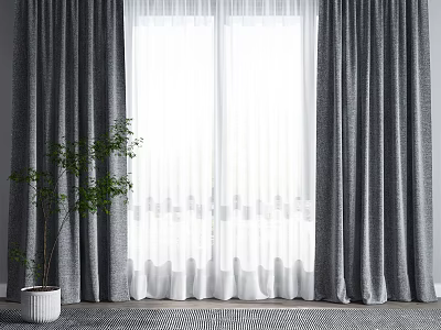 Modern Gray Curtains With White Sheer Panels And Potted Plant By Window 3d model