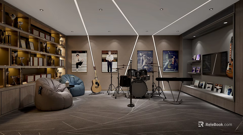 Modern Home Theater Room Interior With Comfortable Seating And Musical Instruments 3d model 
