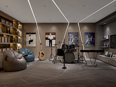 Modern Home Theater Room Interior With Comfortable Seating And Musical Instruments 3d model