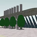 Outdoor Pergola Structure With Stone Columns Paved Floor And Green Tree