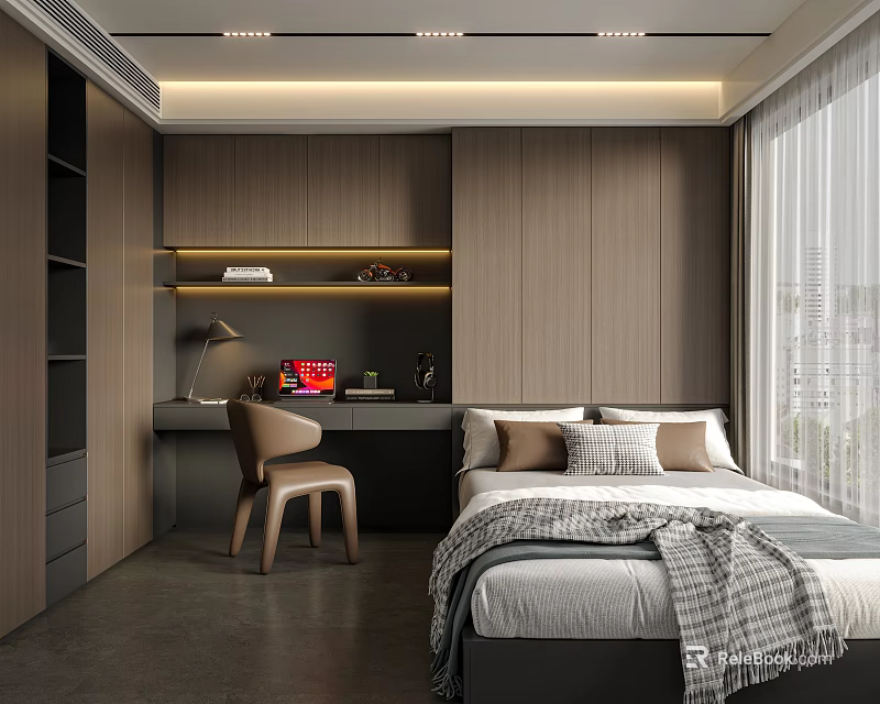 Modern Tatami Bedroom Interior Design With Built In Storage And Study Desk 3d model 