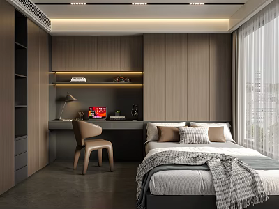 Modern Tatami Bedroom Interior Design With Built In Storage And Study Desk 3d model