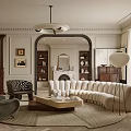Elegant Classic Living Room Interior With Curved Sofa Armchair Coffee Table And Fireplace