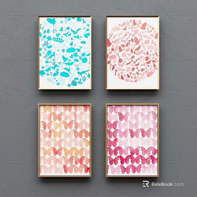 Colorful Abstract Paintings with Butterfly Patterns in Golden Frames on Gray Wall 3d model 