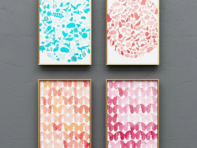 Colorful Abstract Paintings with Butterfly Patterns in Golden Frames on Gray Wall 3d model