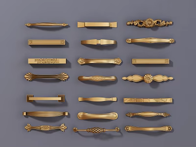 Assorted Golden Cabinet Handles With Various Decorative Designs And Styles 3d model