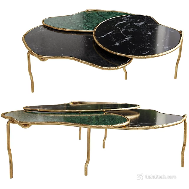 Elegant Modern Coffee Table With Gold Metal Legs And Irregular Black Green Marble Top 3d model 