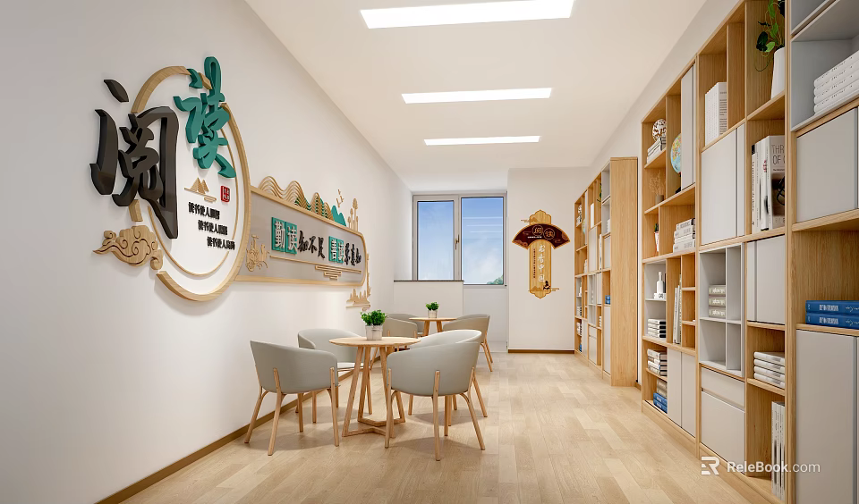 Bright Reading Area Interior With Wooden Bookshelves Tables Decorative Wall Art And Windows 3d model 
