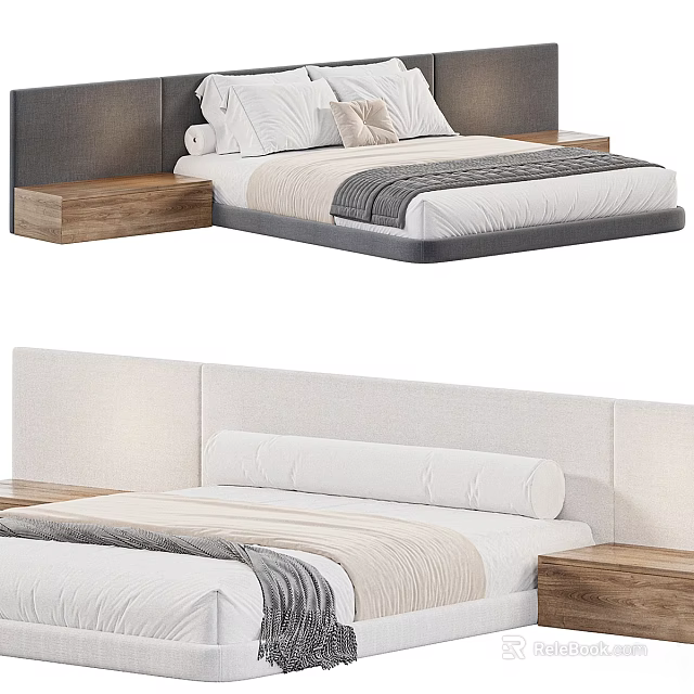 Modern Background Double Bed With Upholstered Headboard Wooden Nightstands And Soft Bedding Pillows 3d model 
