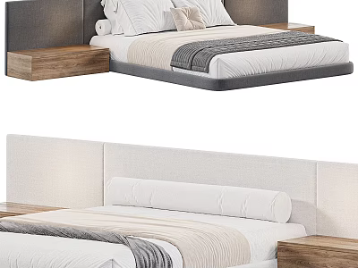 Modern Background Double Bed With Upholstered Headboard Wooden Nightstands And Soft Bedding Pillows 3d model