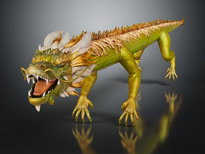 Mythical Golden Green Dragon With White Horns Mane Sharp Claws And Open Mouth 3d model