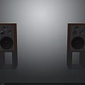 Electronic Audio Speakers With Red Wooden Enclosure Black Drivers And Gray Stands Against Gray Background