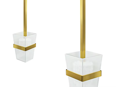 Transparent Square Bathroom Accessories With Gold Accents And Long Handles 3d model