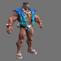 Muscular Man In Blue And White Fringe Outfit With Silver Belt And Sandals