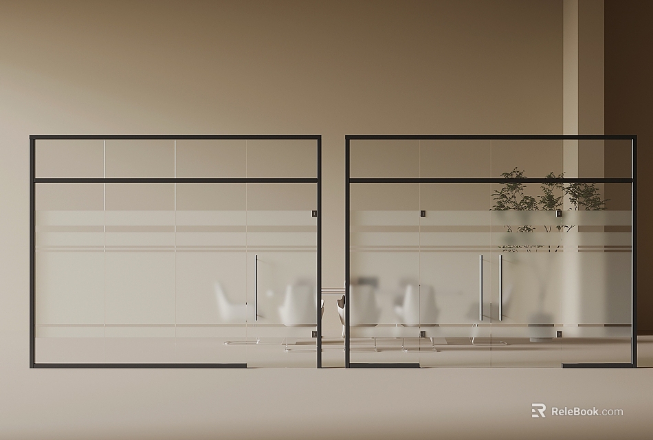 Modern Office Interior With Glass Partition Black Frame White Chairs And Indoor Plant 3d model 