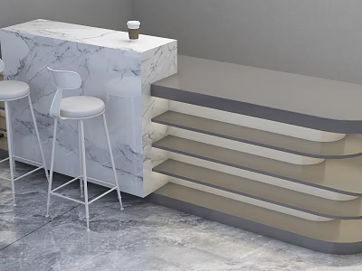 White Bar Stools With Marble Countertop And Grey Shelving Unit In Modern Interior 3d model