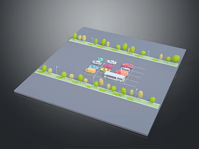 Cartoon Scene of Parking Lot Featuring Colorful Cars Trees and Street Lamps 3d model