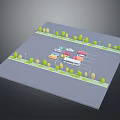 Cartoon Scene of Parking Lot Featuring Colorful Cars Trees and Street Lamps