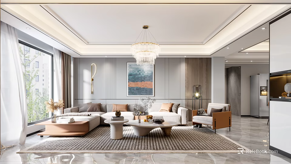 Modern Living Dining Room Interior Design With Open Layout Chandelier Sofa And Coffee Table 3d model