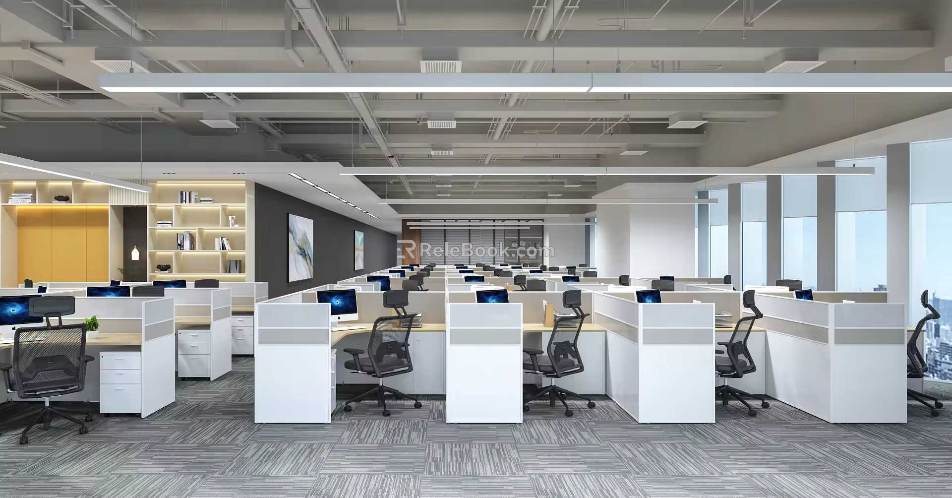 modern public office area public open office area office desk and chair card holder open area pipe chandelier 3d model