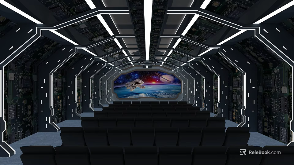 Futuristic Cinema Interior With Modern Lighting Large Space Scene Screen And Comfortable Seats 3d model 