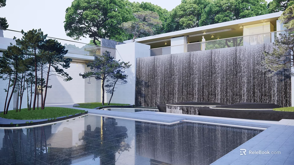 Modern Garden Landscape With Reflective Pool Waterfall Wall And Lush Trees 3d model