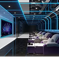Modern KTV Interior Design With Blue Neon Lights And Purple Sofa Seats