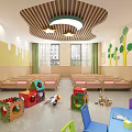 Bright Kindergarten Classroom with Cloud Shaped Lights Yellow Walls and White Round Tables
