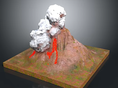 Erupting Volcano Model With White Smoke Red Lava And Square Platform 3d model