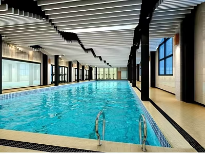 Indoor Swimming Pool Modern Interior With Clear Water Handrails And Ceiling Windows Design 3d model