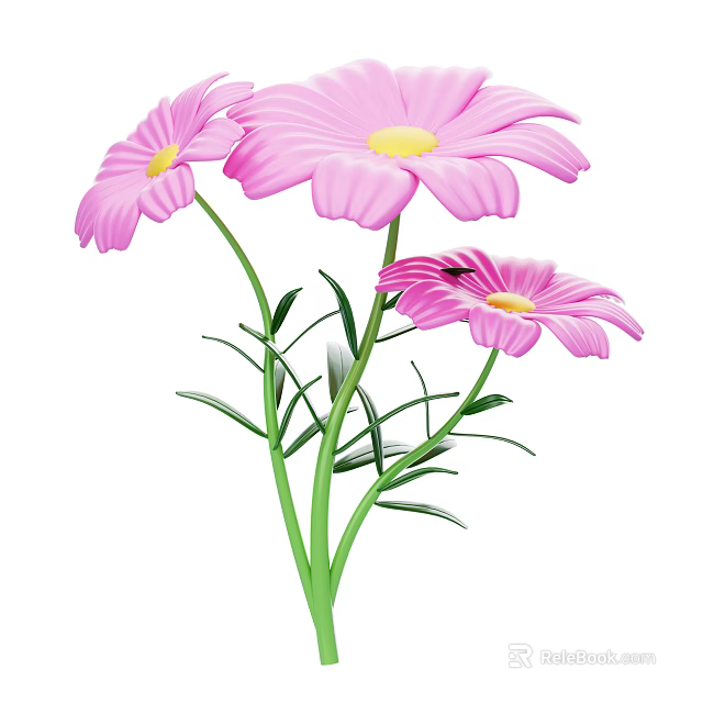 Pink Daisies With Three Flowers Green Stems And Leaves Bloom 3d model 