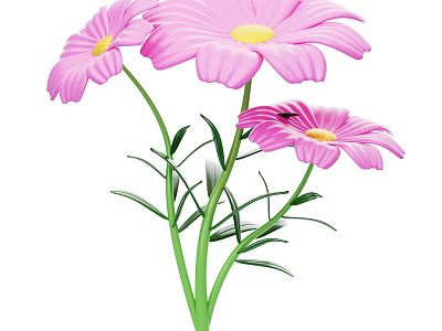 Pink Daisies With Three Flowers Green Stems And Leaves Bloom 3d model
