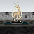 Golden Deer Sculpture With Circular White Background And Cherry Blossom Trees Around Fountain Base
