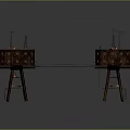 Two Connected Circular Tower Structures With Antennas And Support Legs Model