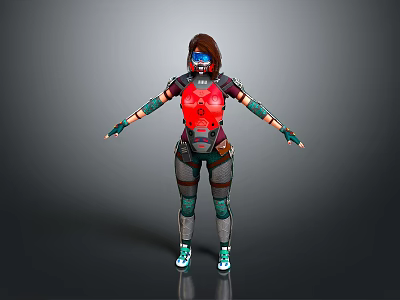 Sci Fi Female Character In Armored Suit With Red Green Accents Goggles And Outstretched Arms 3d model