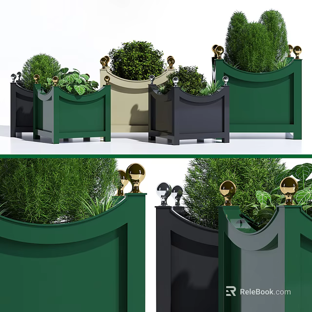 Colorful Garden Planters With Golden Decorative Balls And Green Shrubs 3d model 